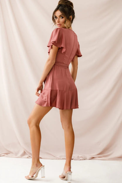 Cami Angel Sleeve Faux Wrap Dress Rose