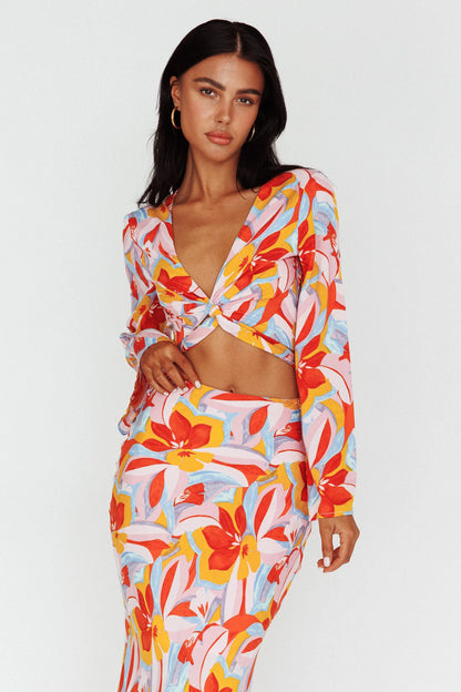 Avalo Bell Sleeve Crop Top Floral Pink