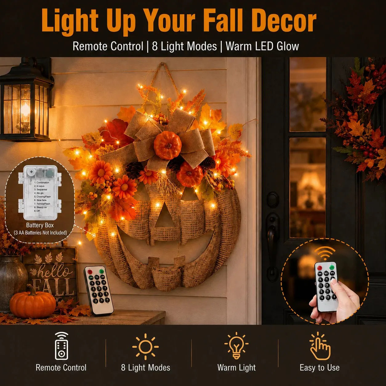 🎃 Lighted Burlap Pumpkin Wreath