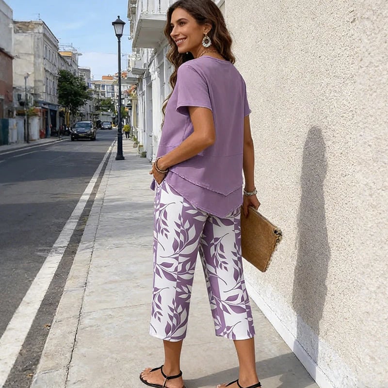 🌸Summer Hot Sale 55% OFF💖Casual Round Neck Layered Tunic Top & Wide Leg Pants Set👚👖