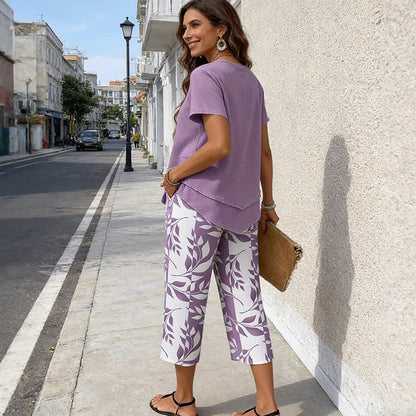 🌸Summer Hot Sale 55% OFF💖Casual Round Neck Layered Tunic Top & Wide Leg Pants Set👚👖