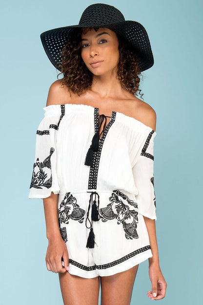 Gabriella Embroidered Tassel Romper White