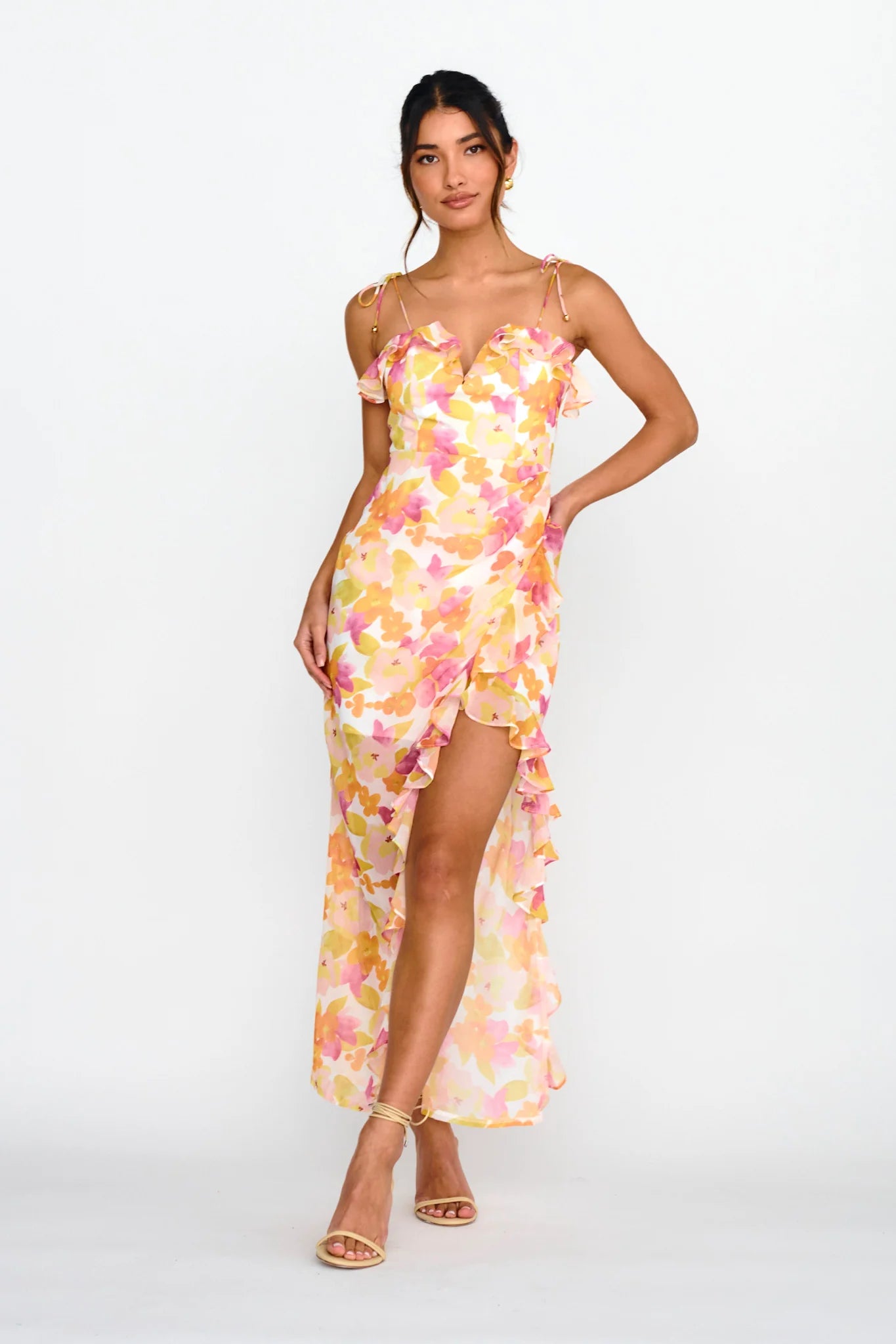 Portofino Cut-Out Split Midi Dress Floral Red