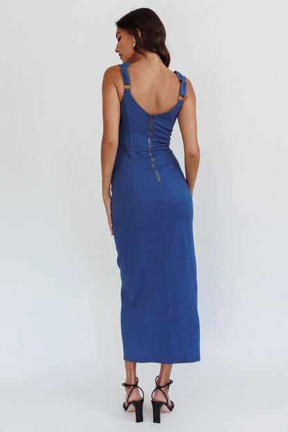 Central Park Pocket Front Midi Dress Denim