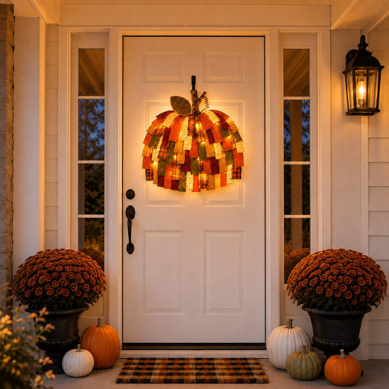 Lighted Patchwork Pumpkin Door Hanger