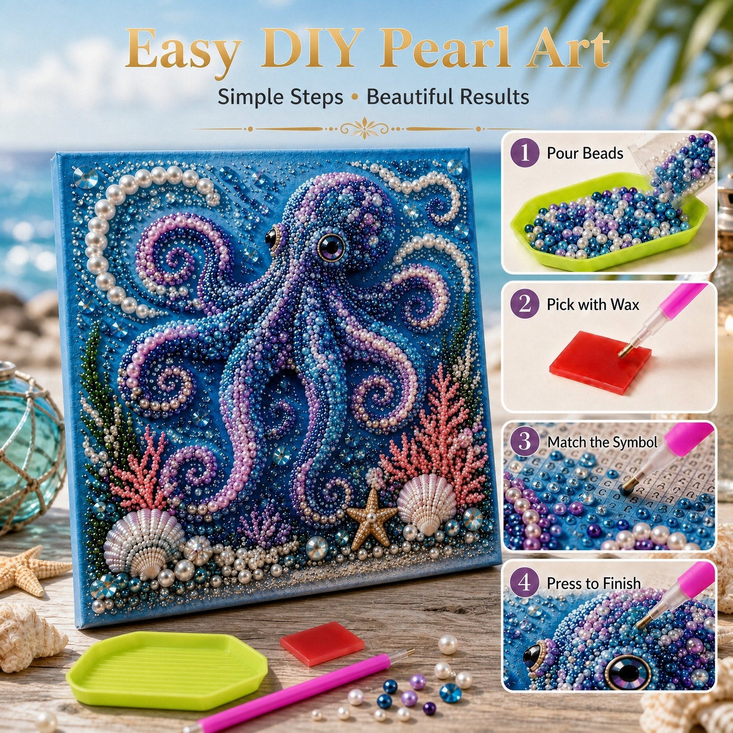 Premium 3D Pearl Ocean Wall Art Kit | Luxury Flocked Canvas with Scratch-Resistant Non-Fading Pearl Beads DIY Coastal Decor – Buy 2 Free Shipping