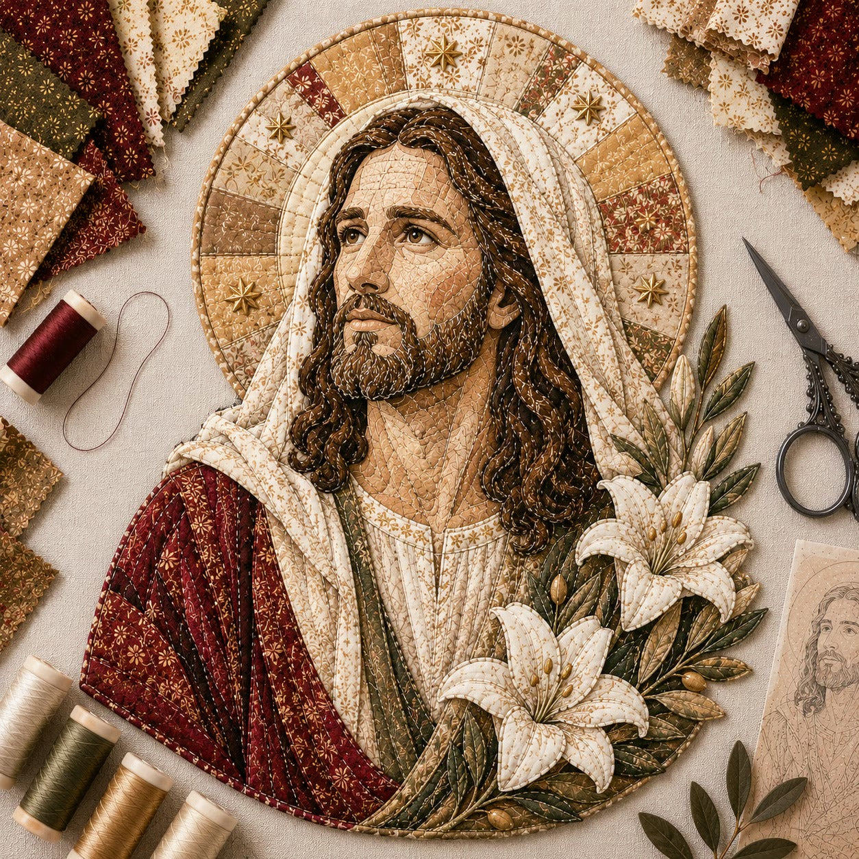 ✝️🧵 Premium Handmade Patchwork Jesus DIY Kit | High-Quality Layered Fabric with Stitched Details DIY Handmade Devotional Decor 🕊️✨