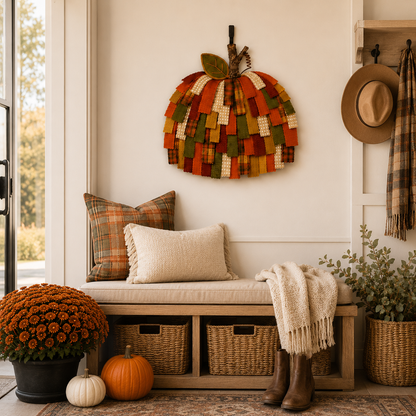 Lighted Patchwork Pumpkin Door Hanger