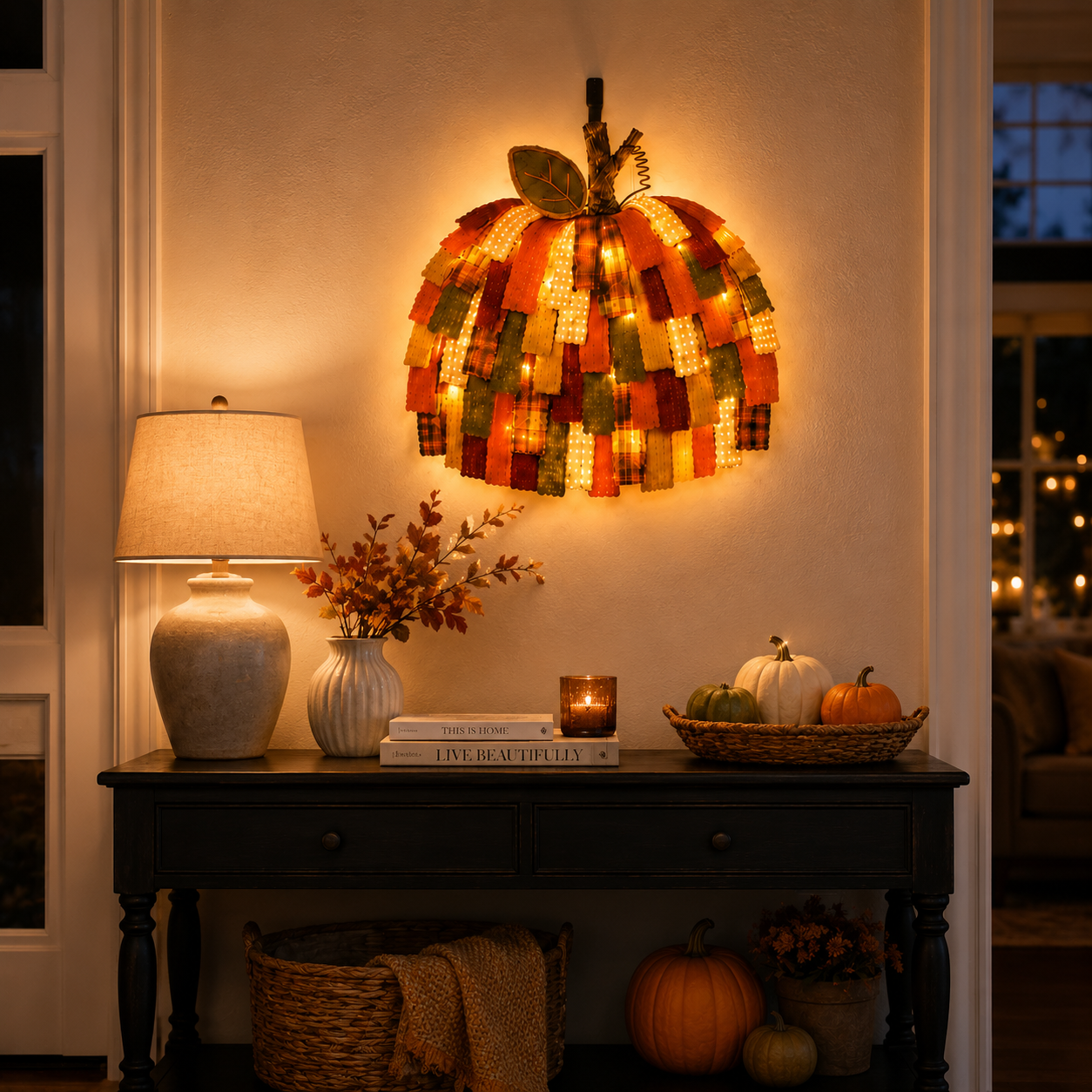 Lighted Patchwork Pumpkin Door Hanger