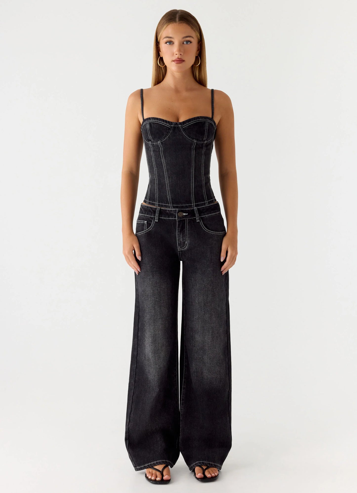 Nathan Denim Corset Top - Washed Black