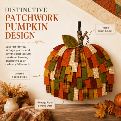 Lighted Patchwork Pumpkin Door Hanger