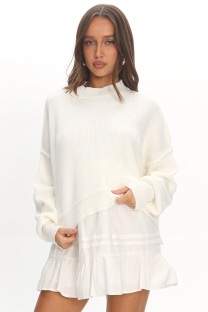 Morning Frost Crop Ribbed Knit Sweater White