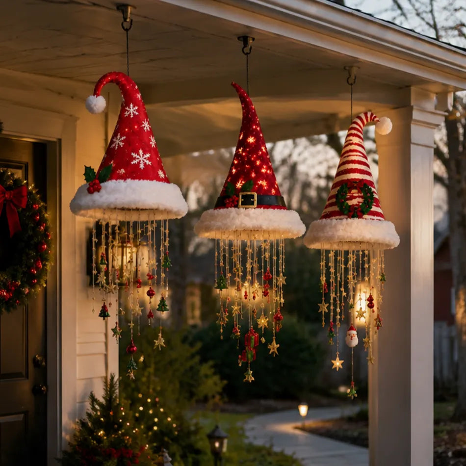 🎅 Lighted Santa Hat Hanging Chandelier 🎄 | 3 Styles Warm LED Christmas String Light | Indoor Outdoor Porch Holiday Decor Gift