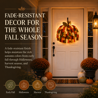 Lighted Patchwork Pumpkin Door Hanger