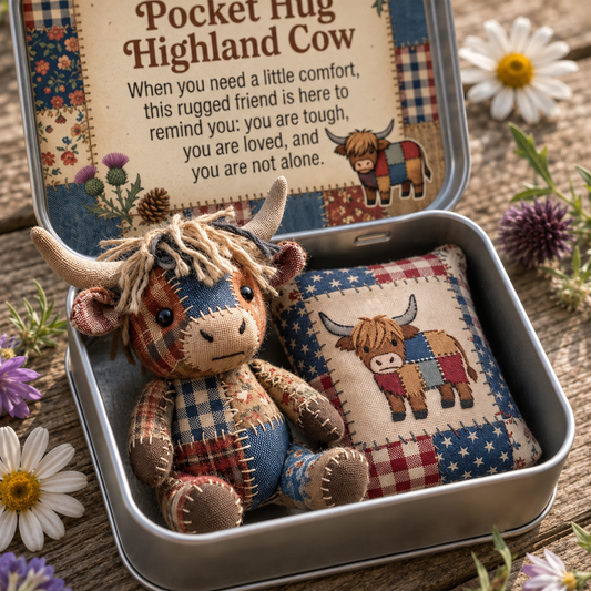 Pocket Hug Patchwork Highland Cow Keepsake Tin