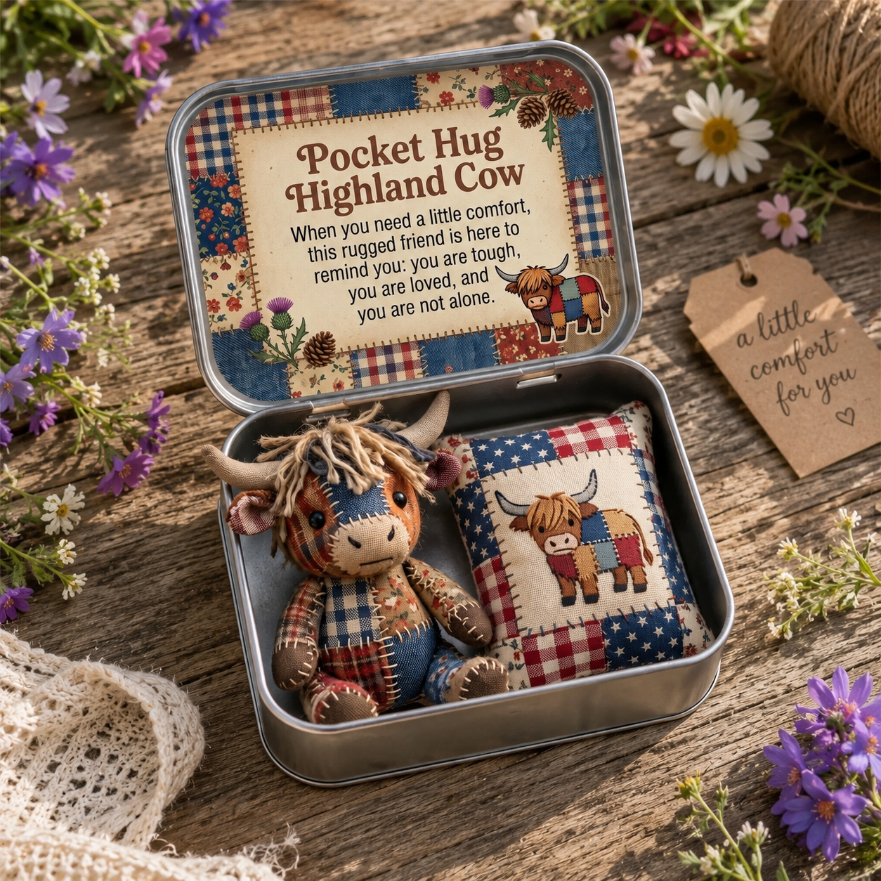 Pocket Hug Patchwork Highland Cow Keepsake Tin