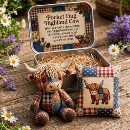 Pocket Hug Patchwork Highland Cow Keepsake Tin