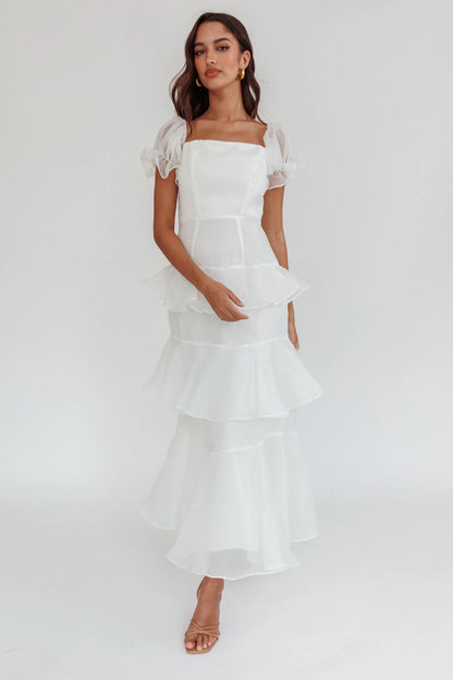 Delwynn Puff Sleeve Layered Midi Dress White