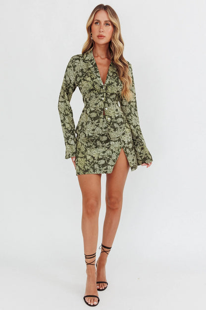 Caledonia Collared Button-Up Satin Shirt Floral Olive