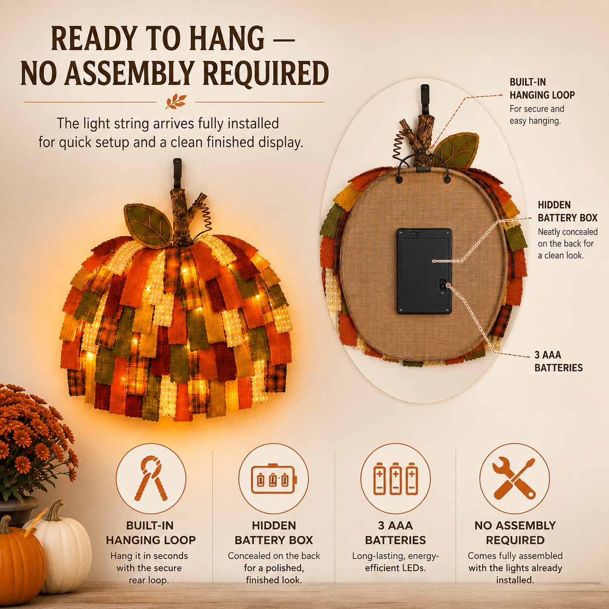 Lighted Patchwork Pumpkin Door Hanger