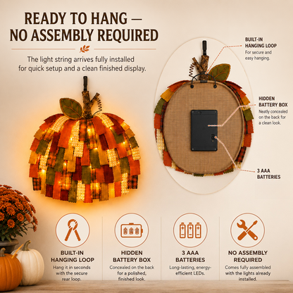 Lighted Patchwork Pumpkin Door Hanger