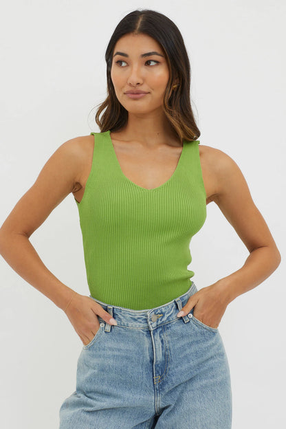 Off-Duty V-Neck Ribbed Knit Top Green
