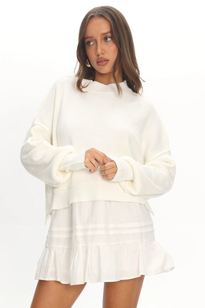 Morning Frost Crop Ribbed Knit Sweater White