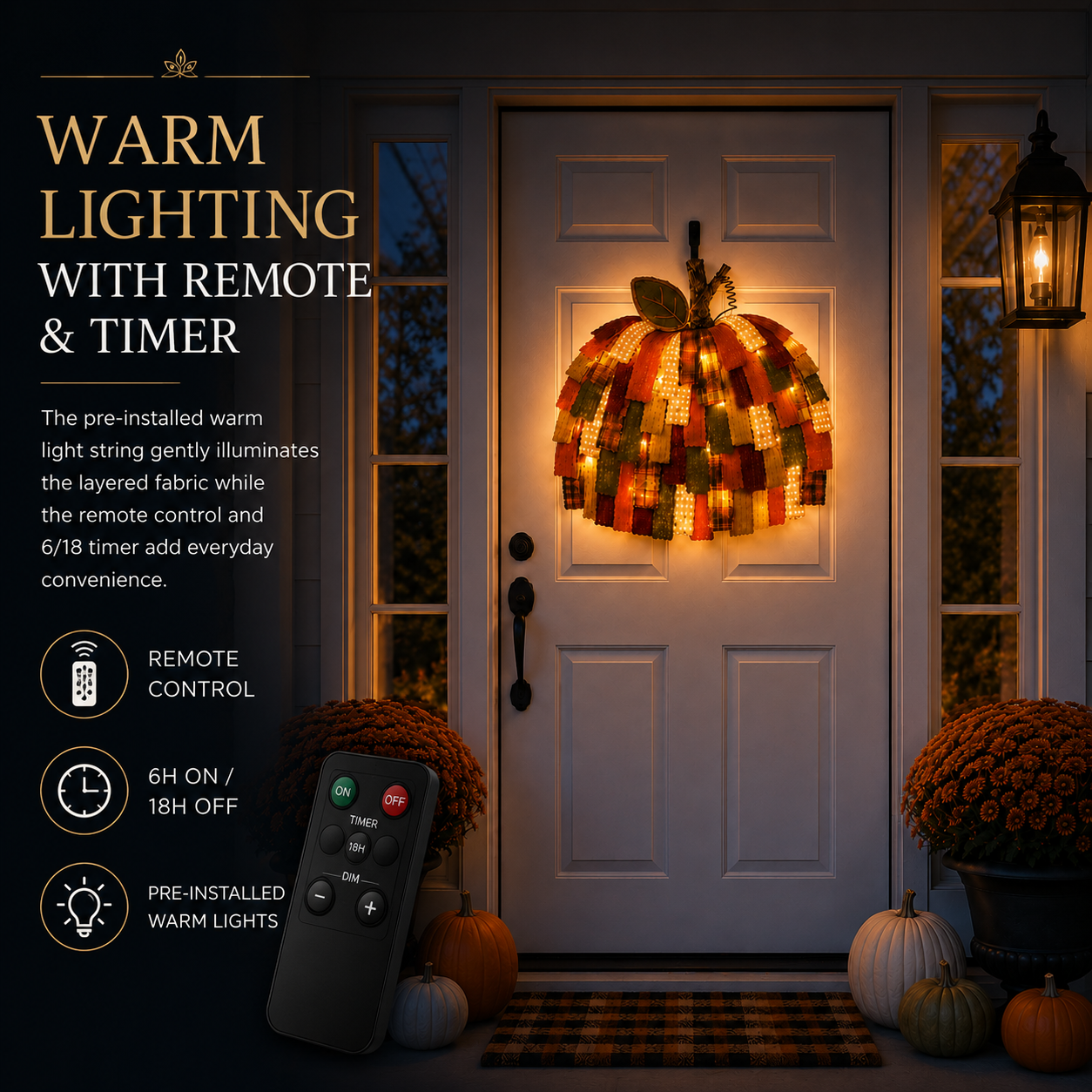 Lighted Patchwork Pumpkin Door Hanger
