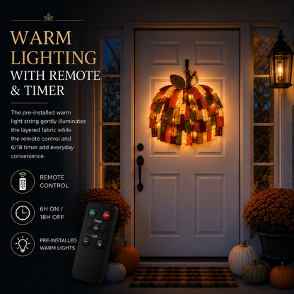 Lighted Patchwork Pumpkin Door Hanger