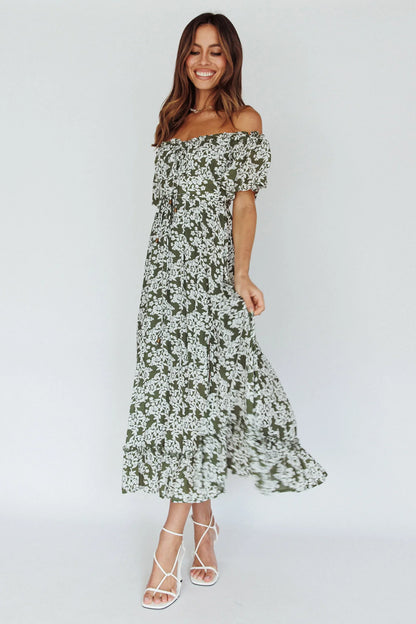 Voyager Off-Shoulder Bell Sleeve Midi Dress Floral Green