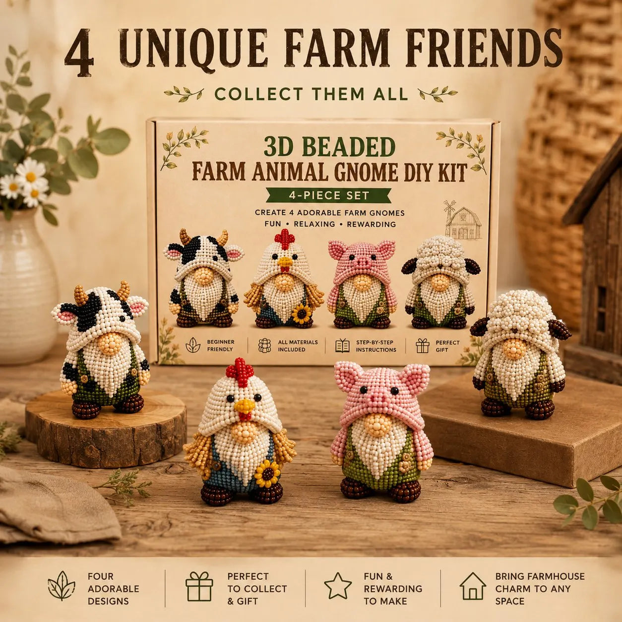 3D Beaded Farm Animal Gnome DIY Kit
