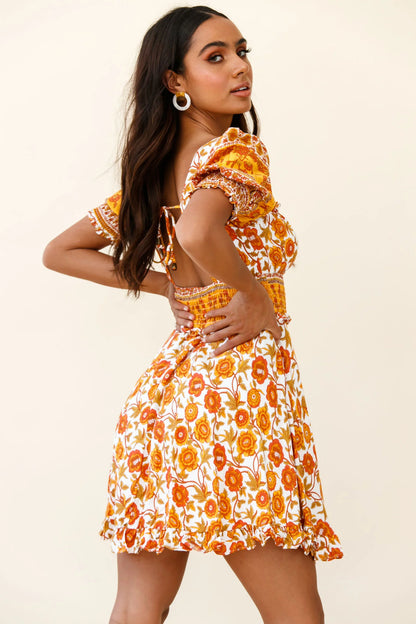 Summer In Paris Puff Sleeve Open Back Dress Floral Print Mustard Multi