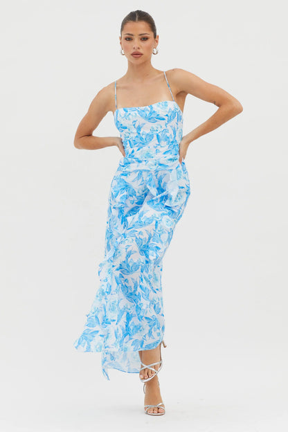 Serif Ruffle Trim Split Maxi Dress Blue
