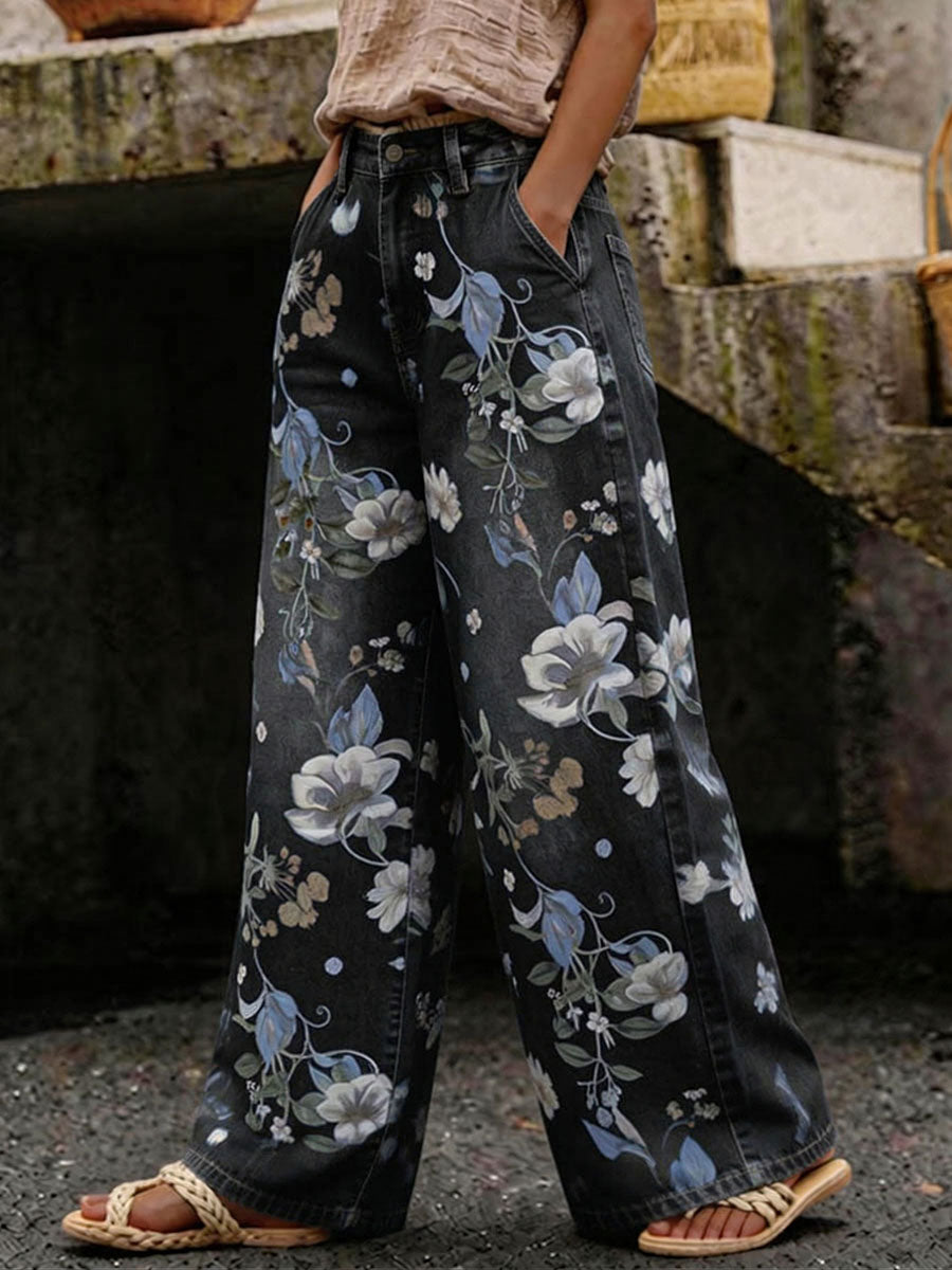 Women's Printed High-waisted Loose Wide-leg Jeans