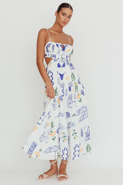 Eyona Cut-Out Back Print Maxi Dress White