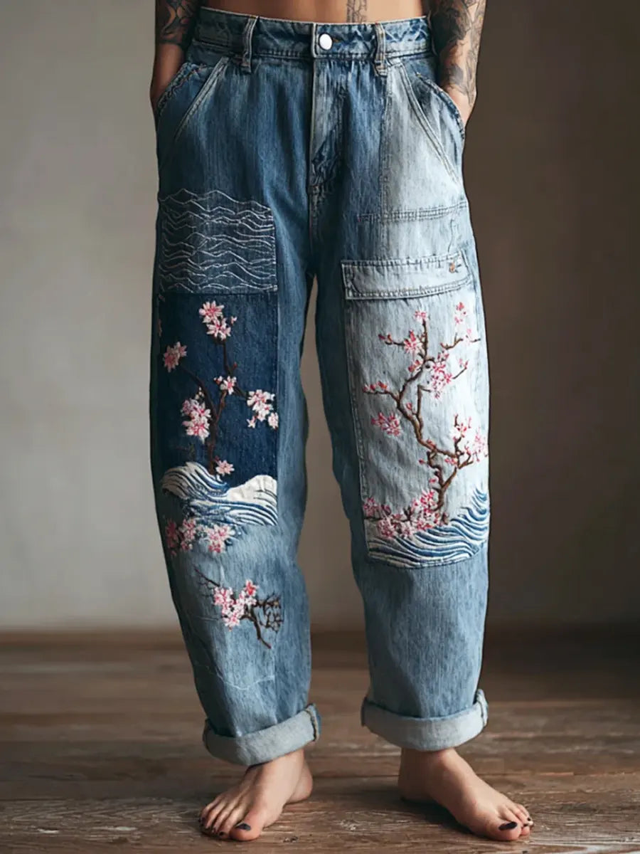 Women's Vintage Floral Pattern Art Print Casual Cotton Denim Jeans