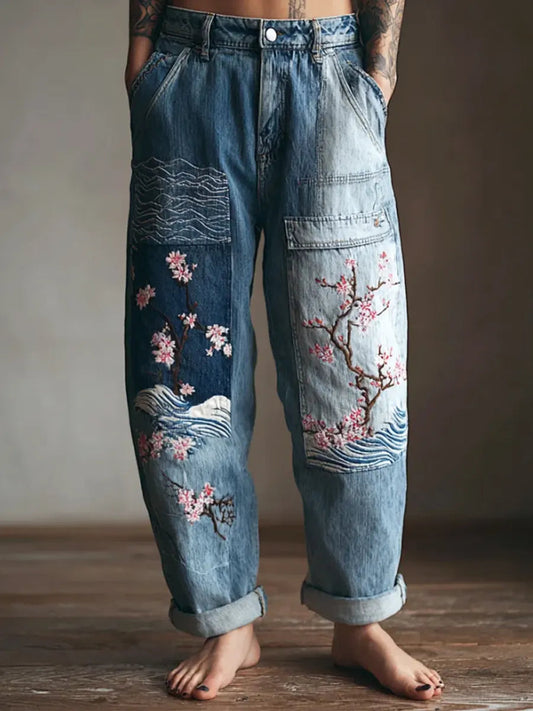 Women's Vintage Floral Pattern Art Print Casual Cotton Denim Jeans
