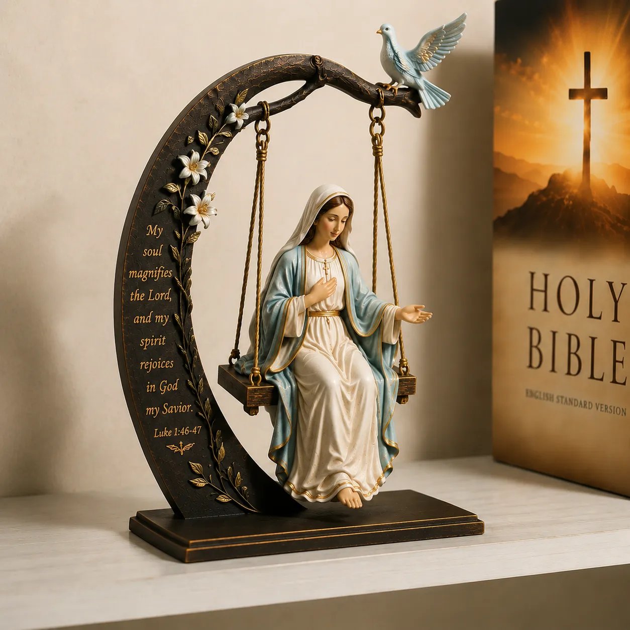 ✝️ Blessed Mary Cradle Swing Ornament – Luke 1:46–47 Faith Table Decor | Holy Virgin Prayer Sculpture with Dove & Crescent Arch Home Decoration