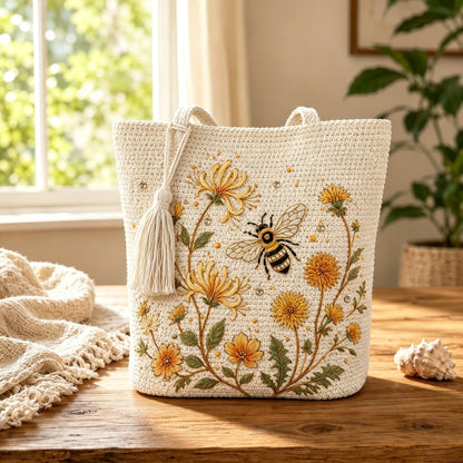 🐝🧶Handmade Crochet Bee/Hummingbird Embroidered Tote Bag🌼