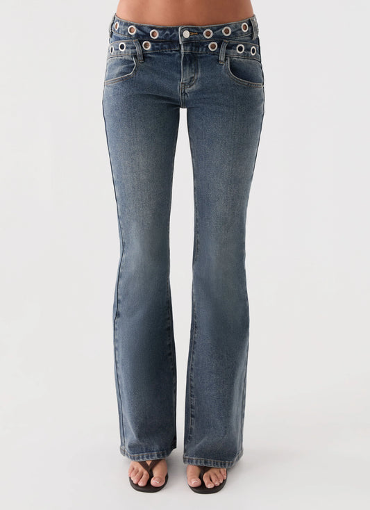 Carson Low Rise Eyelet Jeans - Blue Wash