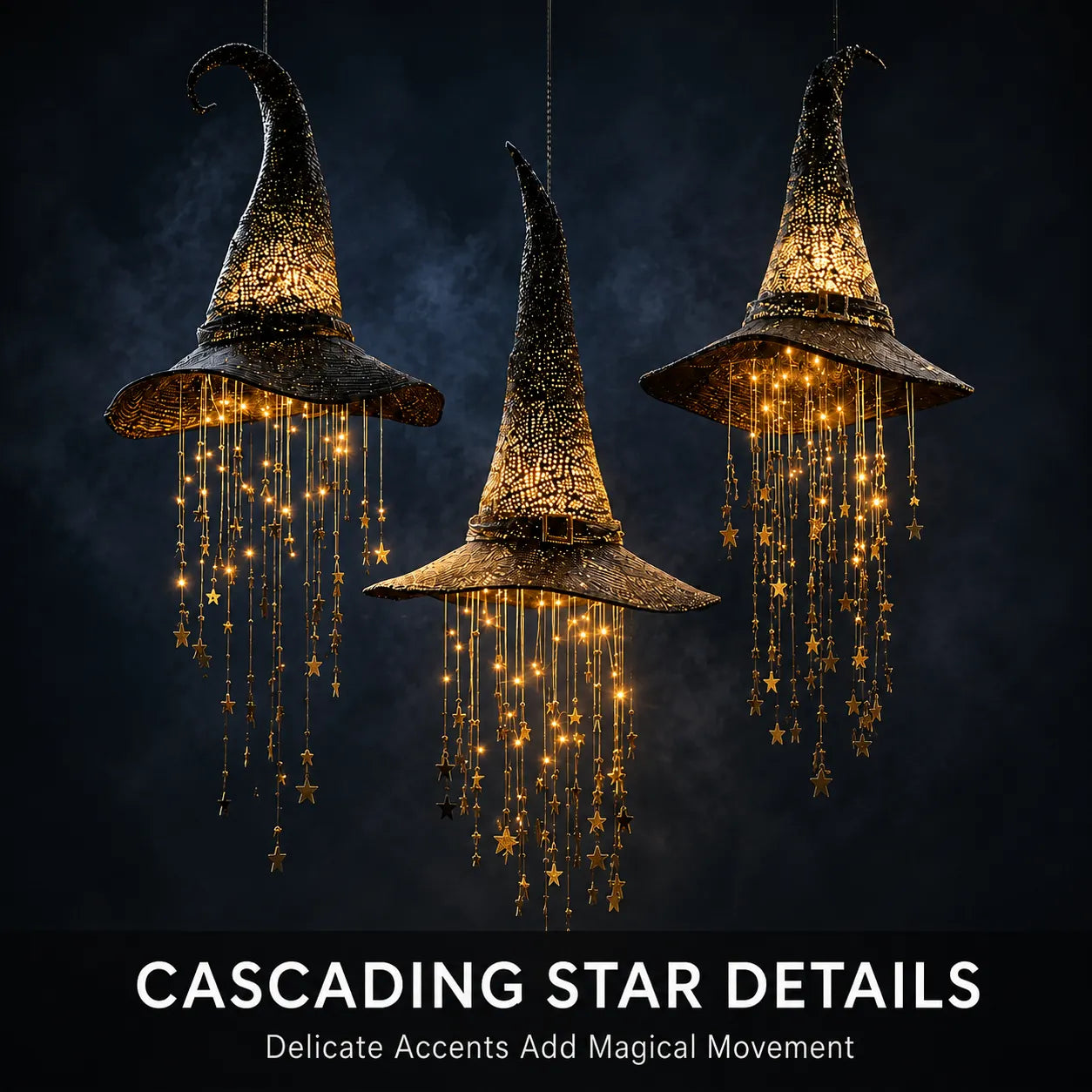 🧙‍♀️✨ Lighted Witch Hat Hanging Decor with Cascading Stars