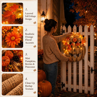 🎃 Lighted Burlap Pumpkin Wreath