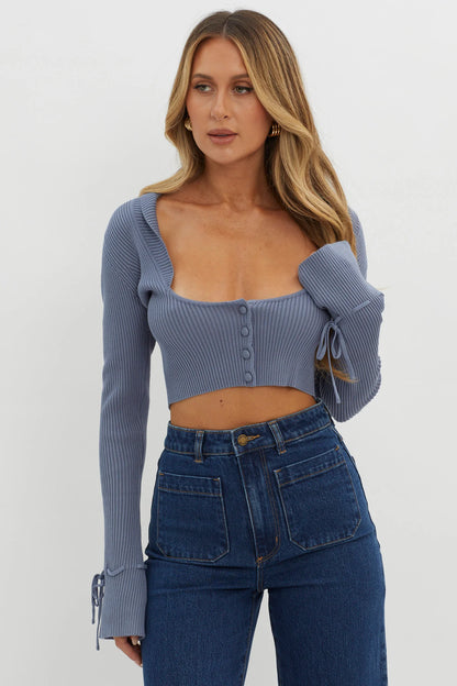 Pippi Flared Cuff Knit Crop Top Dusty Blue