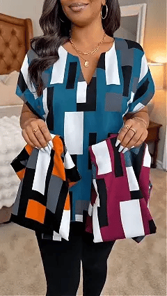 💥LAST DAY 49% OFF💥Women's Plus Size Color Block Shirt Blouse Short