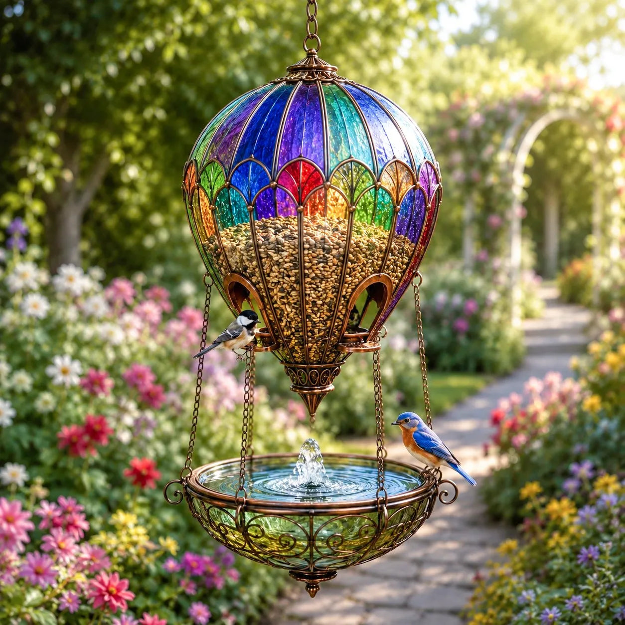 🌈 Stained Glass Hot Air Balloon Bird Feeder Fountain🐦