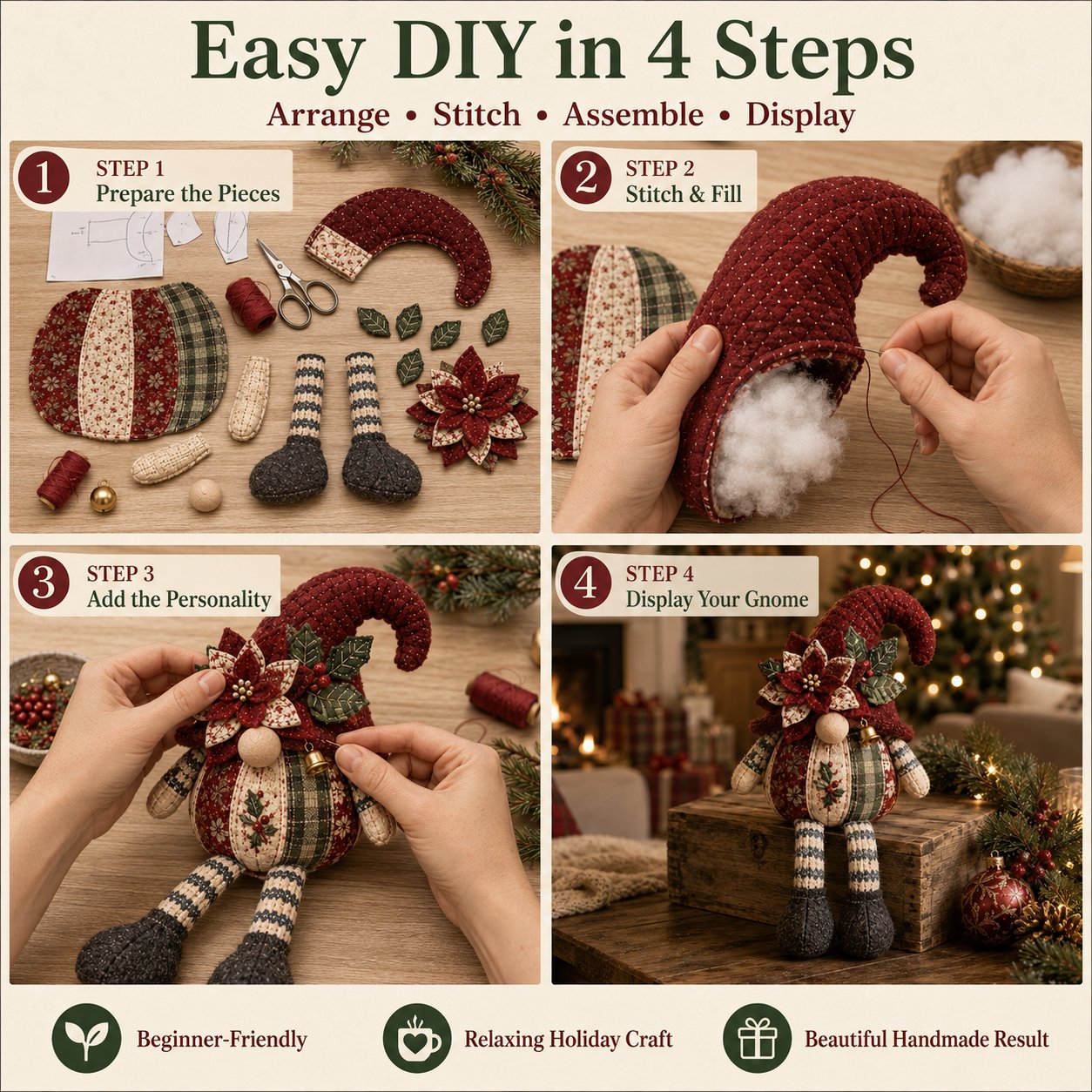 🎄Beginner-Friendly DIY Quilted Christmas Gnome Shelf Sitter Kit | Complete Kit with Coordinated Fabrics, Filling & Step-by-Step Guide Included 💕