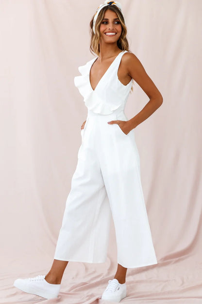 Cheryl Ruffle Strap Wide Leg Jumpsuit White
