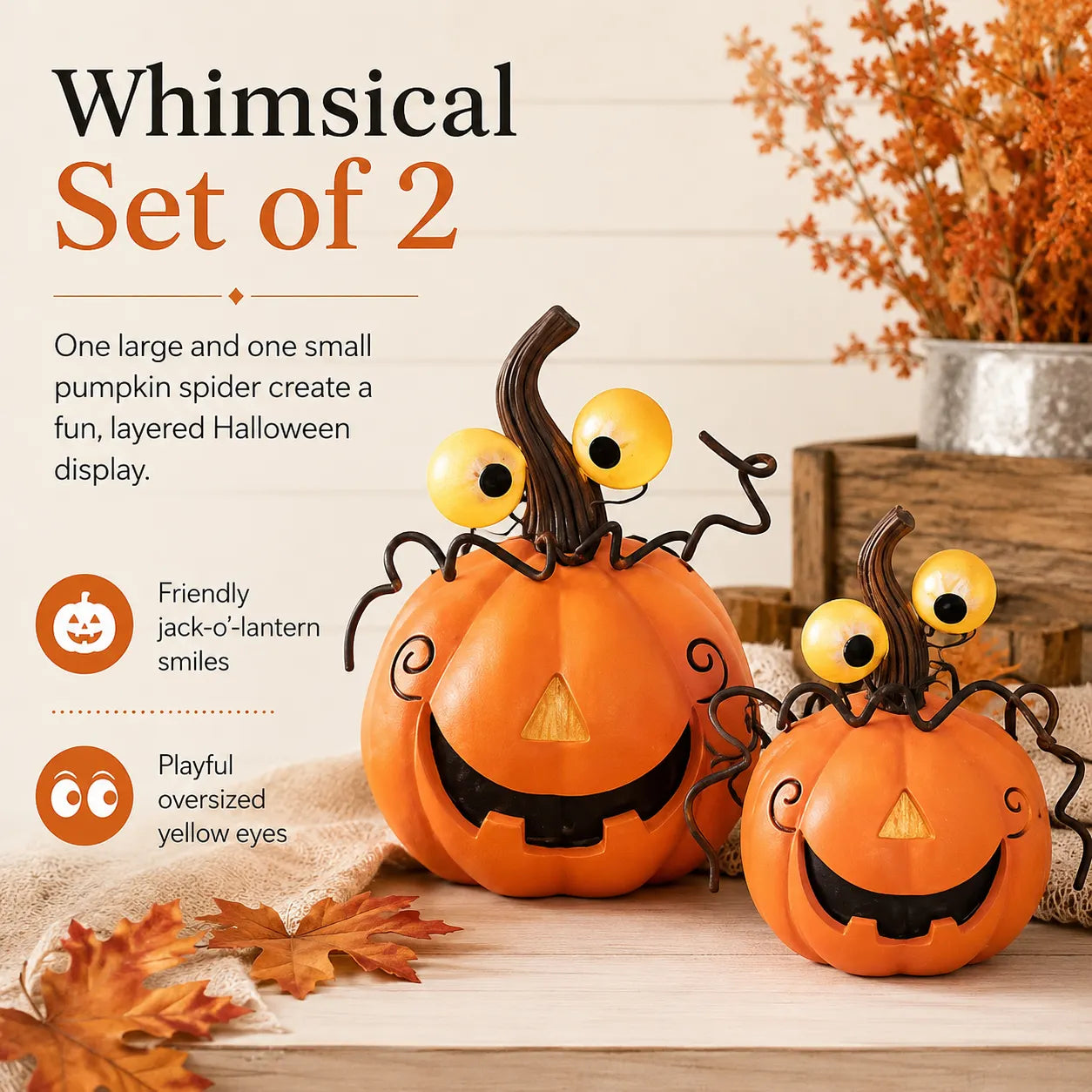 Set of 2 Lighted Pumpkin Spider Decorations