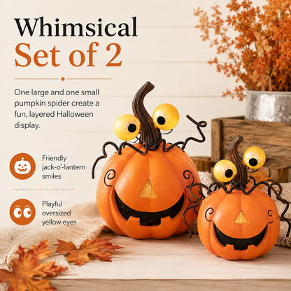 Set of 2 Lighted Pumpkin Spider Decorations