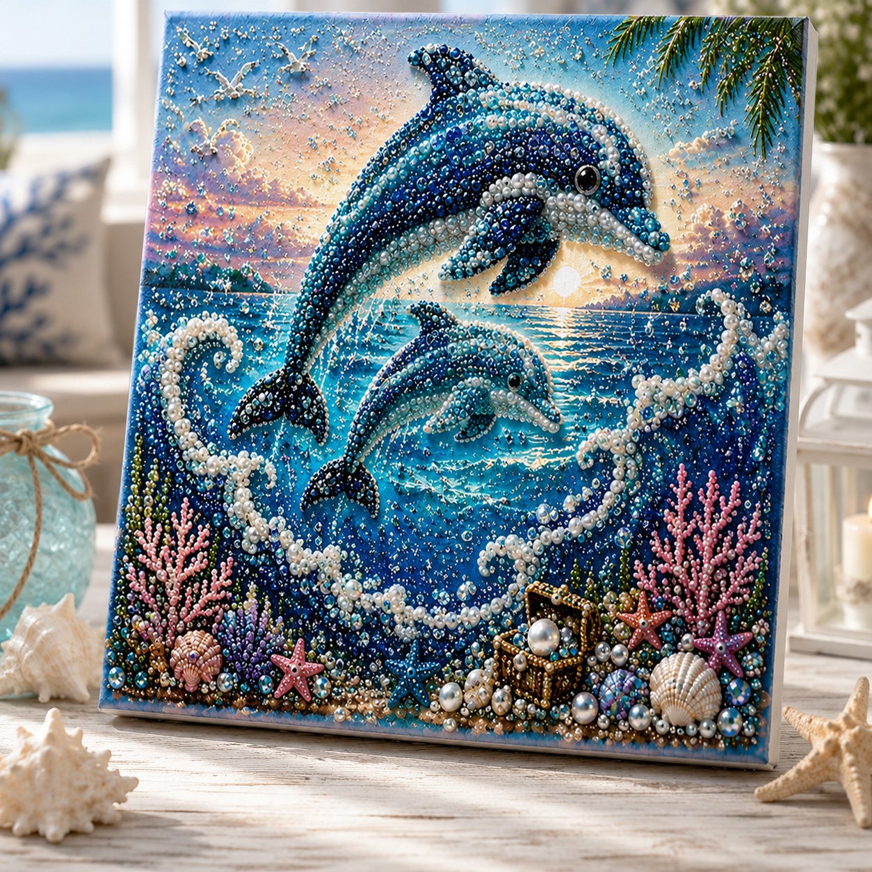 Premium 3D Pearl Ocean Wall Art Kit | Luxury Flocked Canvas with Scratch-Resistant Non-Fading Pearl Beads DIY Coastal Decor – Buy 2 Free Shipping